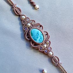 larimar necklace, choker necklace, gemstone pendant, macrame jewelry, handmade jewelry, crystal jewelry, adjustable