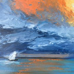 seascape painting sea original art blue sky artwork oil painting on cardboard colorful painting boat painting