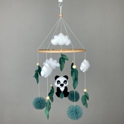 Panda baby mobile neutral minimalist mobile boho leaves clouds. Perfect as a baby shower gift. Handmade felt mobile