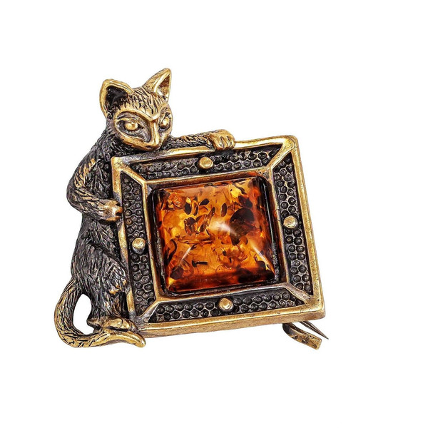 Cat brooch with picture Cat amber jewelry Animal brooch unique handmade jewelry gold brass amber brooch for women men.jpg