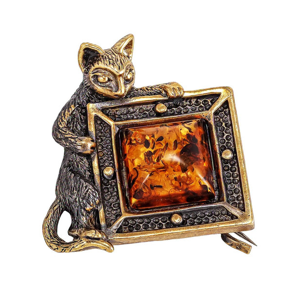 Cat brooch Cat amber jewelry Animal brooch unique handmade jewelry gold brass amber brooch for women men.jpg
