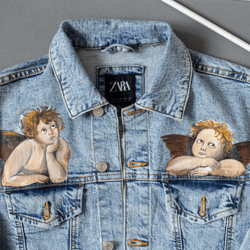 Hand Painted Denim Jacket with Angels of Sistine Madonna, Custom painted gift for men and women, wearable art