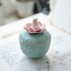 Whimsical Cat Trinket Box, Cute Ceramic Cat in Flower, Small Treasury Box, Perfect Cat Lover's Gift for Jewelry Storage