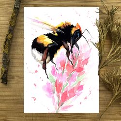 Watercolor bee painting, drawing bumblebee watercolour bees painting flowers original art by Anne Gorywine