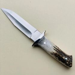 custom handmade d2 steel hunting bowie knife with stag horn handle & sheath