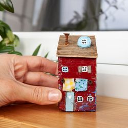 cute miniature handmade house, tiny red wooden house, original eco-gift in marine style, driftwood, sea