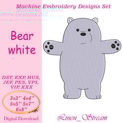 bear white machine embroidery design in 8 formats and 5 sizes