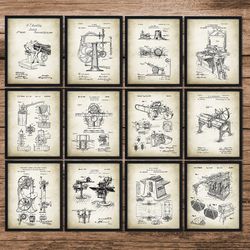 wood working patent prints set of 12, woodworking machine patent, carpenters gift, carpenter tool inventions, wood