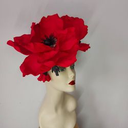 Large red Poppies with black leaves Fascinator Kentucky Derby Hat Red Poppy wedding Headdress Hair clip flower Headband