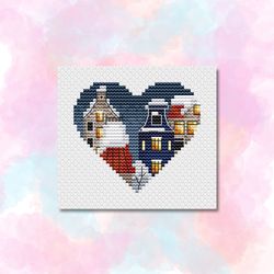 Heart small town Cross stitch pattern