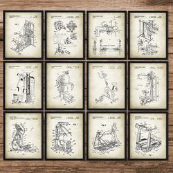 Gym Set Of 12 Patent Prints, Fitness Posters,Gym Decor,Bodybuilder Gift,Gym Trainer Gift,Exercise Poster
