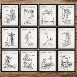 Gym Set Of 12 Patent Prints, Fitness Posters,Gym Decor,Bodybuilder Gift,Gym Trainer Gift,Exercise Poster