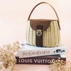 Miniature wicker rattan summer straw hand bag with leather - gift for her