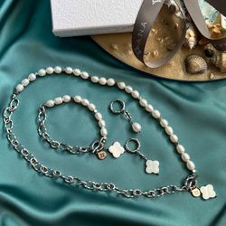 Pearl Set Necklace Bracelet Earrings PEARL & CHAIN