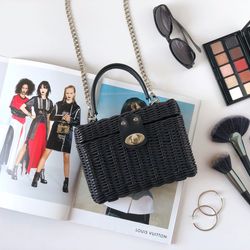 black wicker summer straw shoulder bag with leather and metal chain