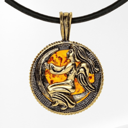 Virgo Zodiac Pendant Necklace Gold Black Brass and Amber Pendant Virgo horoscope jewelry gift for men women