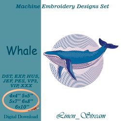 whale machine embroidery design in 8 formats and 5 sizes