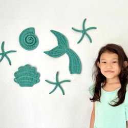 mermaid tail wall decor, set of 6 wicker, sea shell, sea star wall decor, nautical wall decor, wicker fish tail, baby sh