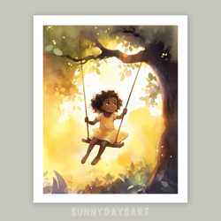 Cute black girl poster, happy black girl swinging on a tree swings, girl room decor, printable, decor for children room