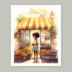cute black girl poster, happy black girl in flower shop, girl room decor, printable art, yellow decor for children room