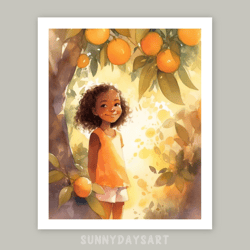 cute black girl poster, happy black girl under orange tree, girl room decor, printable, yellow art, watercolor art.