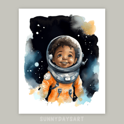 Cute black girl poster, happy black boy astronaut, boy room decor, printable, watercolor art, decor for children room