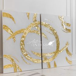 Set of 2 Painting Gold Leaf Abstract, Modern Acrylic Painting on Canvas, Large Gold leaf Abstract Painting