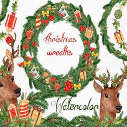 christmas deer clipart: "christmas clipart" watercolor christmas wreaths clip art boho deer clip art season winter clipa