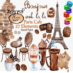 coffee clipart: "coffee clip art" vintage paris clip art watercolor cappuccino clipart latte sweets clip art french maca