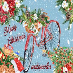 christmas clipart: "watercolor christmas" christmas clip art vintage bicycle new year decoration holiday clipart winter