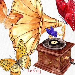 floral wedding clipart: "watercolor elements" watercolor butterfly clipart retro gramophone vintage wedding invitation d