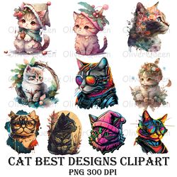 cat best designs clipart, cat sublimation png, cat watercolor png
