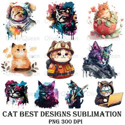 Cat Best Designs Clipart, Cat Sublimation PNG, Cat Watercolor PNG
