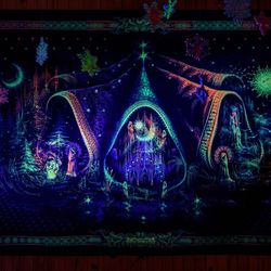 Shamanic tapestry "Alchemy" Trippy art Psychedelic decor Wall Hangings Fluorescent backdrop UV poster Festival decor