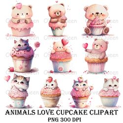 animals love cupcake clipart, valentine animals png, animals love
