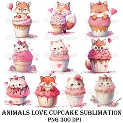 animals love cupcake clipart, valentine animals png, animals love