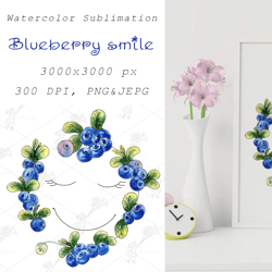 blueberry smile watercolor sublimation, png, jpeg