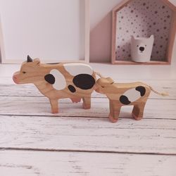 Wooden toys cow and calf,farm animals wooden figurines, education toys for toddlers, wooden toys for baby