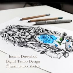 Lion Tattoo Designs Female Lion And Rose Tattoo Sketch Tattoo Design for Woman, Instant download PNG and JPG