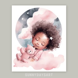 Cute black girl poster, black baby girl sleeping with teddy bear, pink nursery decor, printable, watercolor art
