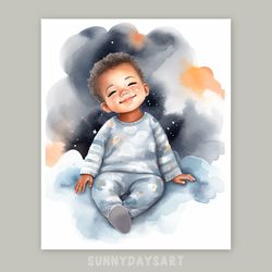 Cute black boy poster, cute sleepy black baby boy, blue nursery decor, printable, watercolor art for children room