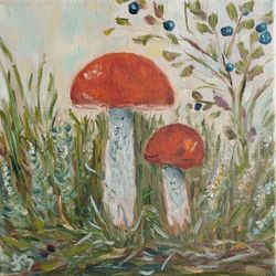 Mushroom Oil Painting Fungus Original Art Country Home Decor Boletus Wall Art Farmhouse Artwork Forest Painting