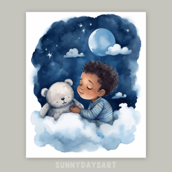 Cute black boy poster, black baby boy sleeping with teddy bear, blue nursery decor, printable, watercolor art