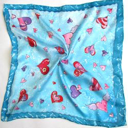 Blue silk scarf with hearts. Square silk scarf hand-painted.