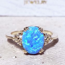 Blue Opal Ring - October Birthstone - Statement Ring - Gold Ring - Engagement Ring - Oval Ring - Cocktail Ring
