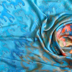 Blue and coral scarf hand-painted. Square silk scarf design two in one.