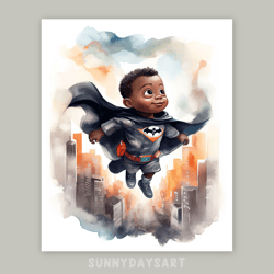 Cute black boy poster, cute black baby boy superhero, nursery decor, printable art, watercolor art for children room