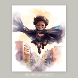 cute black girl poster, cute black baby girl superhero, nursery decor, printable art, watercolor art for children room