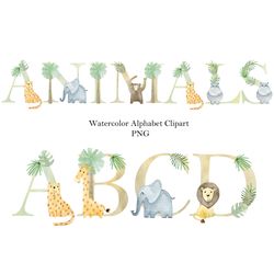 Watercolor alphabet, safari animals clipart, nursery letters.
