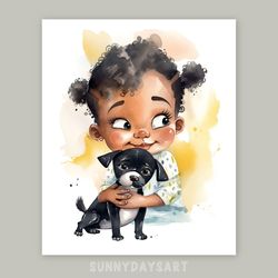 Cute black girl poster, cute black baby girl with puppy, nursery decor, printable art, watercolor art for children room